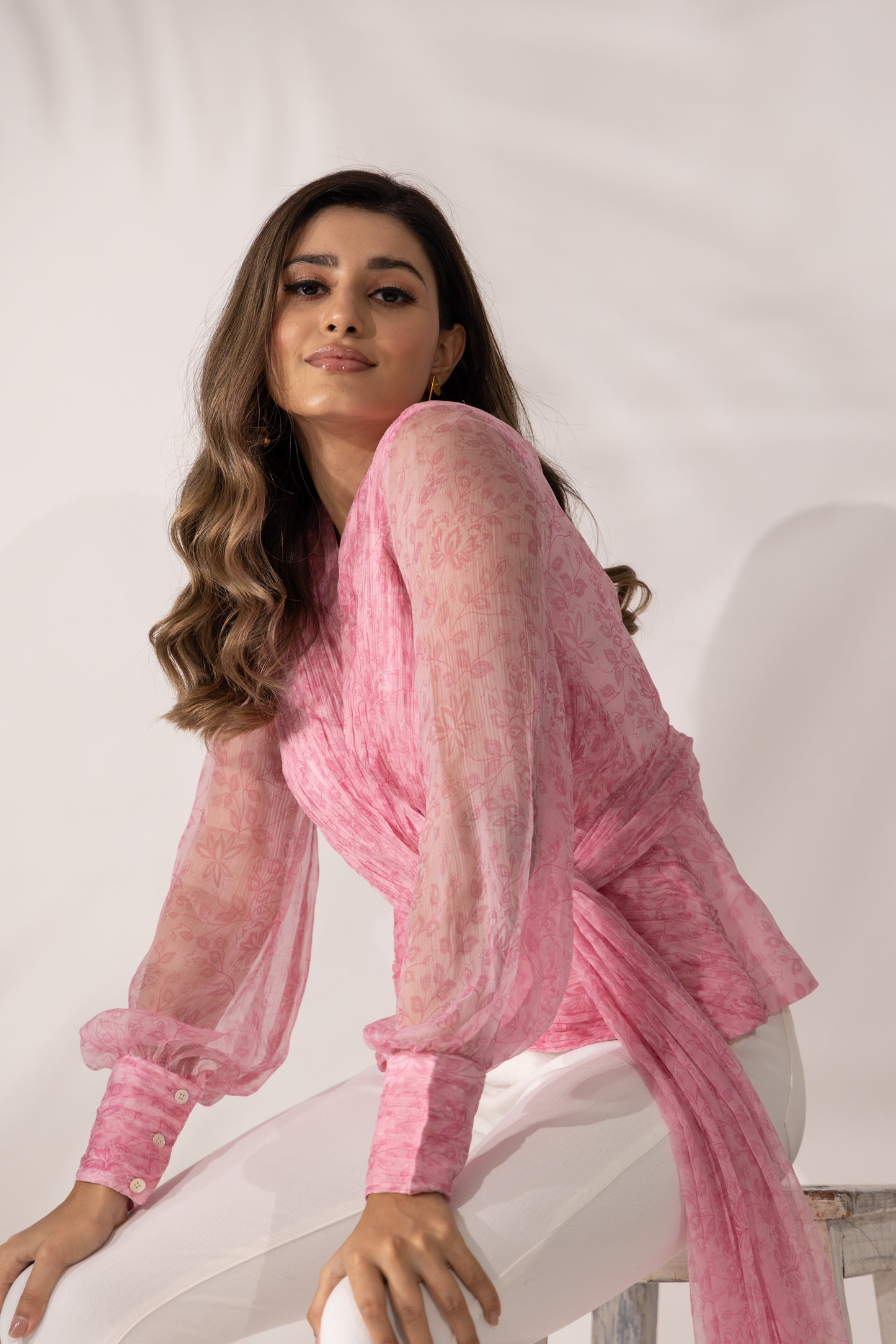 Cherry Blossom Hand Pleated Peplum Wrap Top