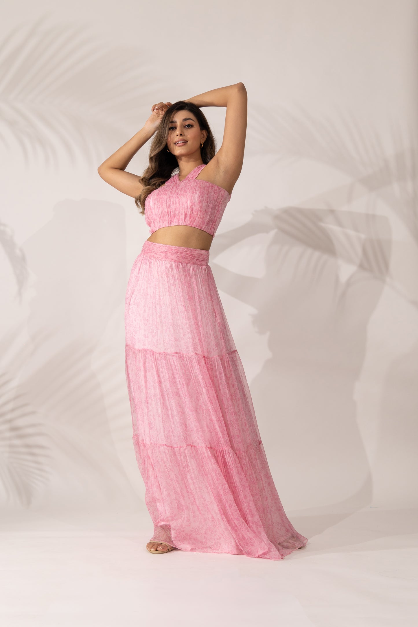 Cherry Blossom Hand Pleated Crop Top and Maxi Skirt Co-Ord