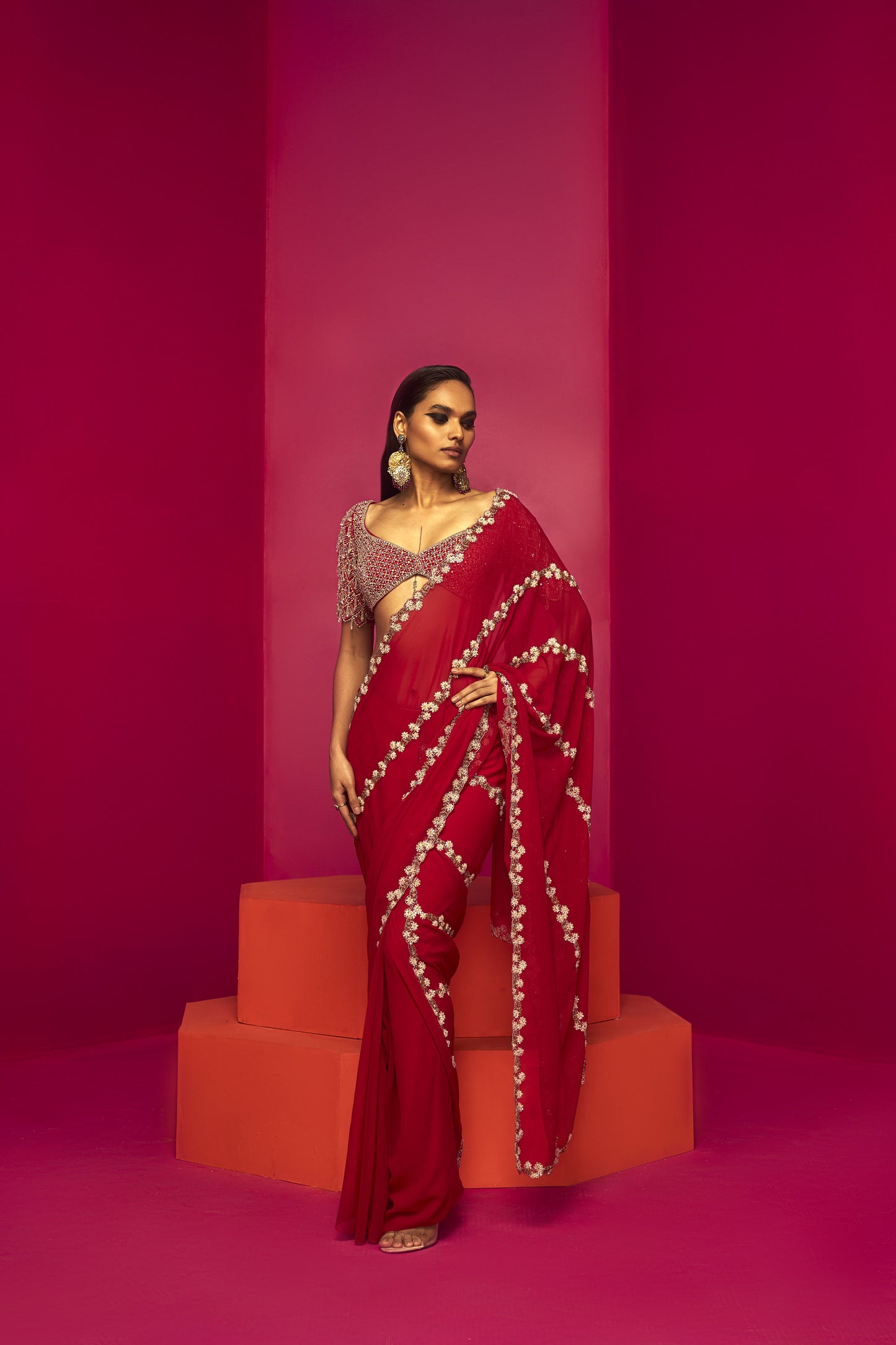 Red Embroidered Saree Set