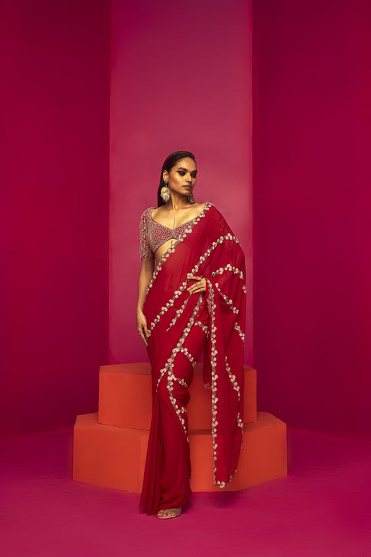 Red Embroidered Saree Set