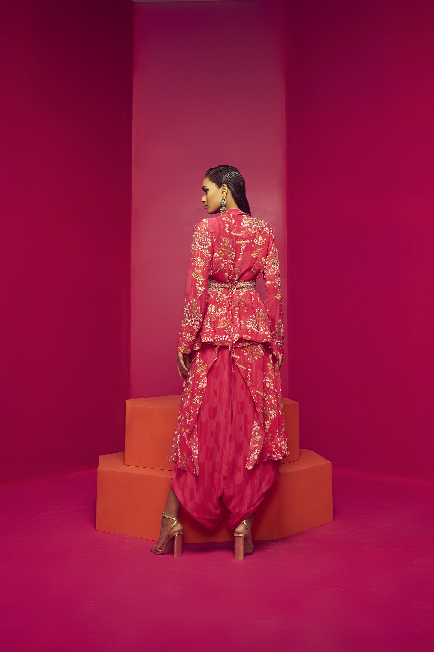 Fuchsia Pink Layered Dhoti Set