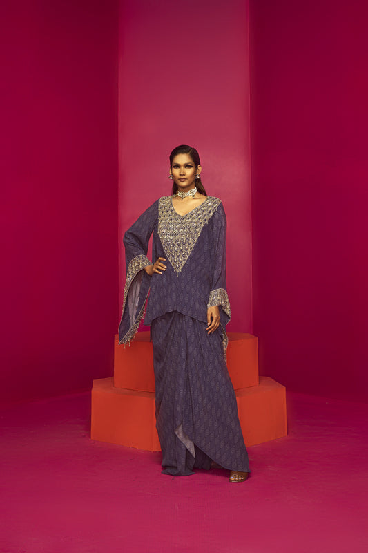 Purple Embroidered Kurti and Dhoti Set