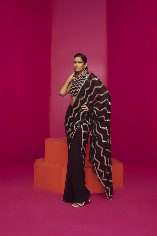 Black Embroidered Saree Set