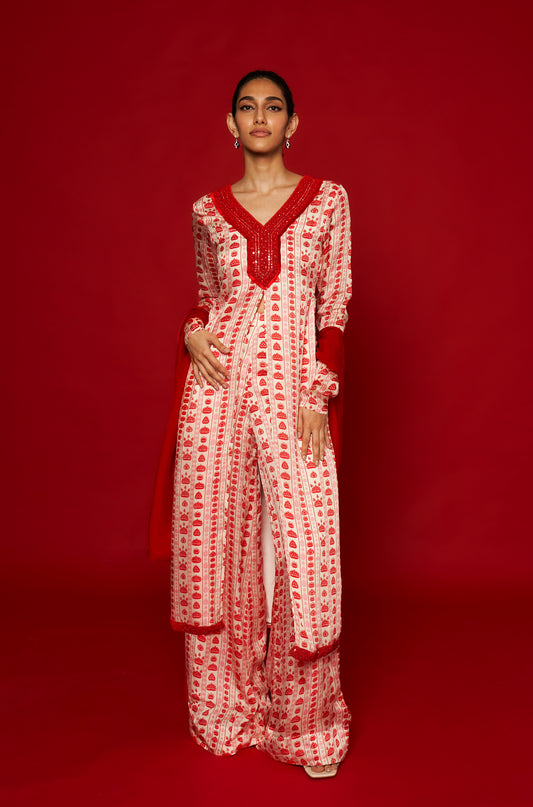 White & Red Floral Stripes Kurta Set