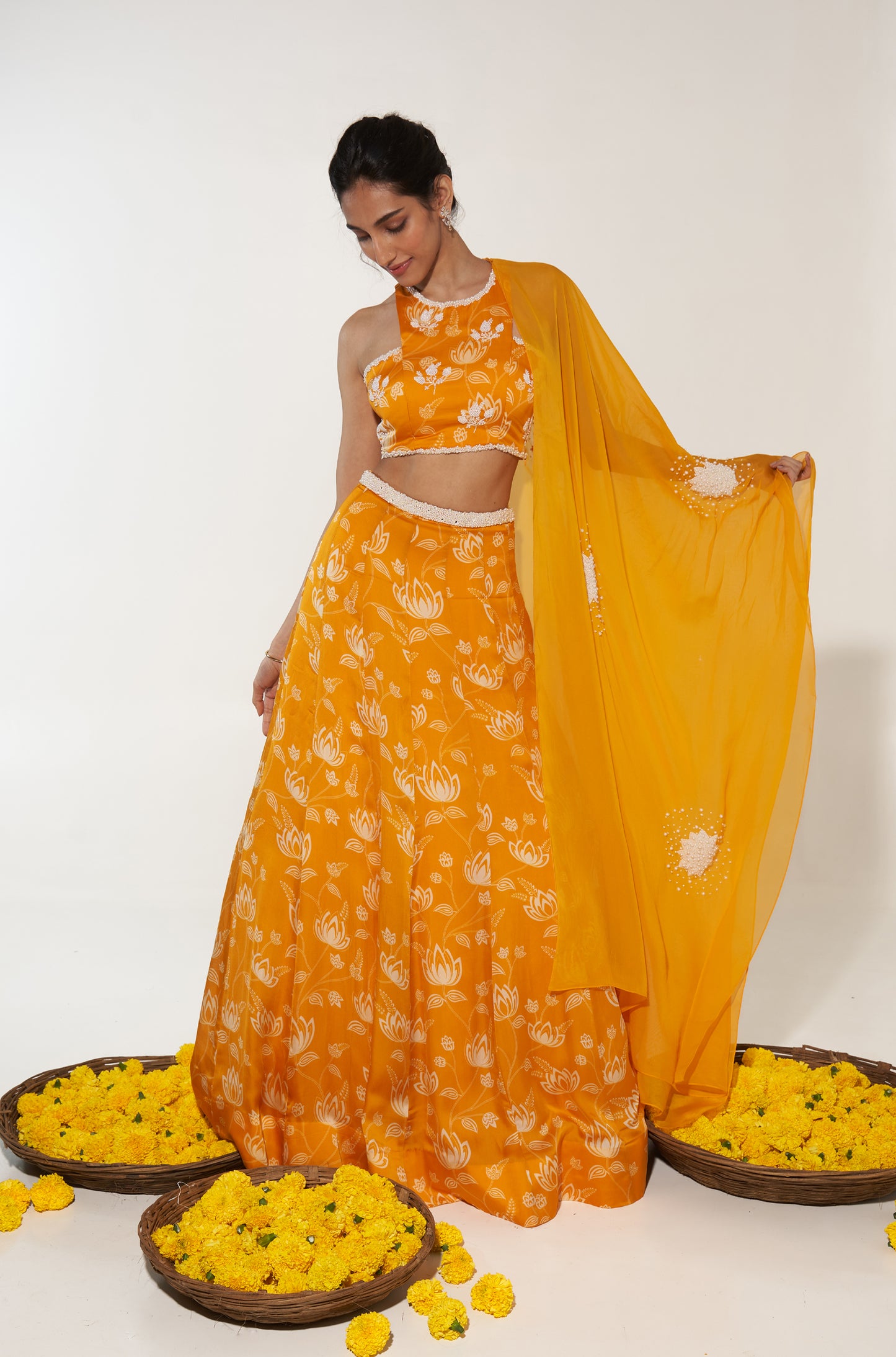 Mustard & White Lehenga Set