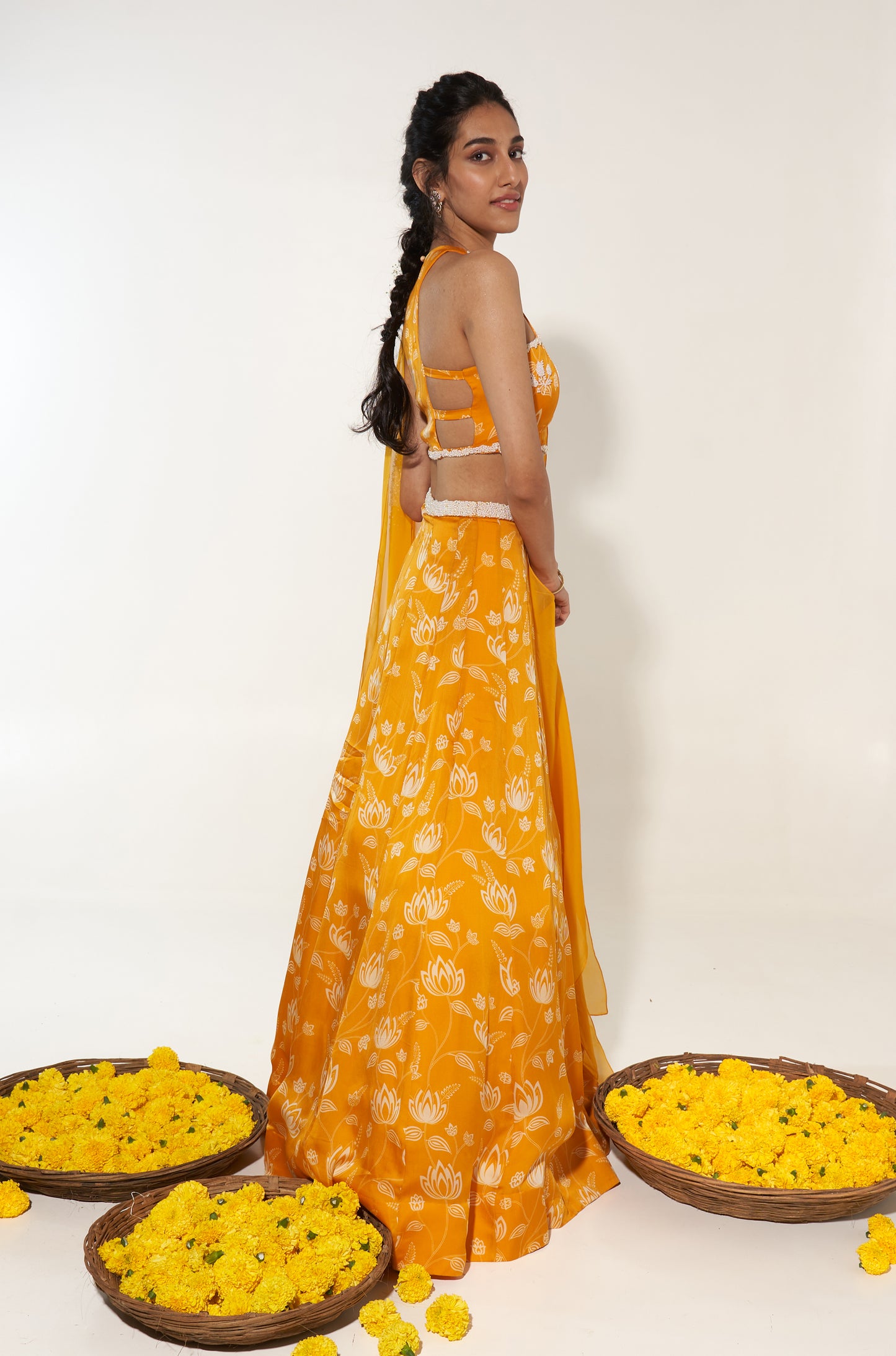 Mustard & White Lehenga Set