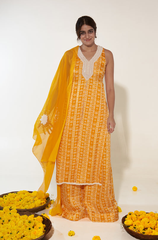 Mustard & White Floral Stripes Kurta Set