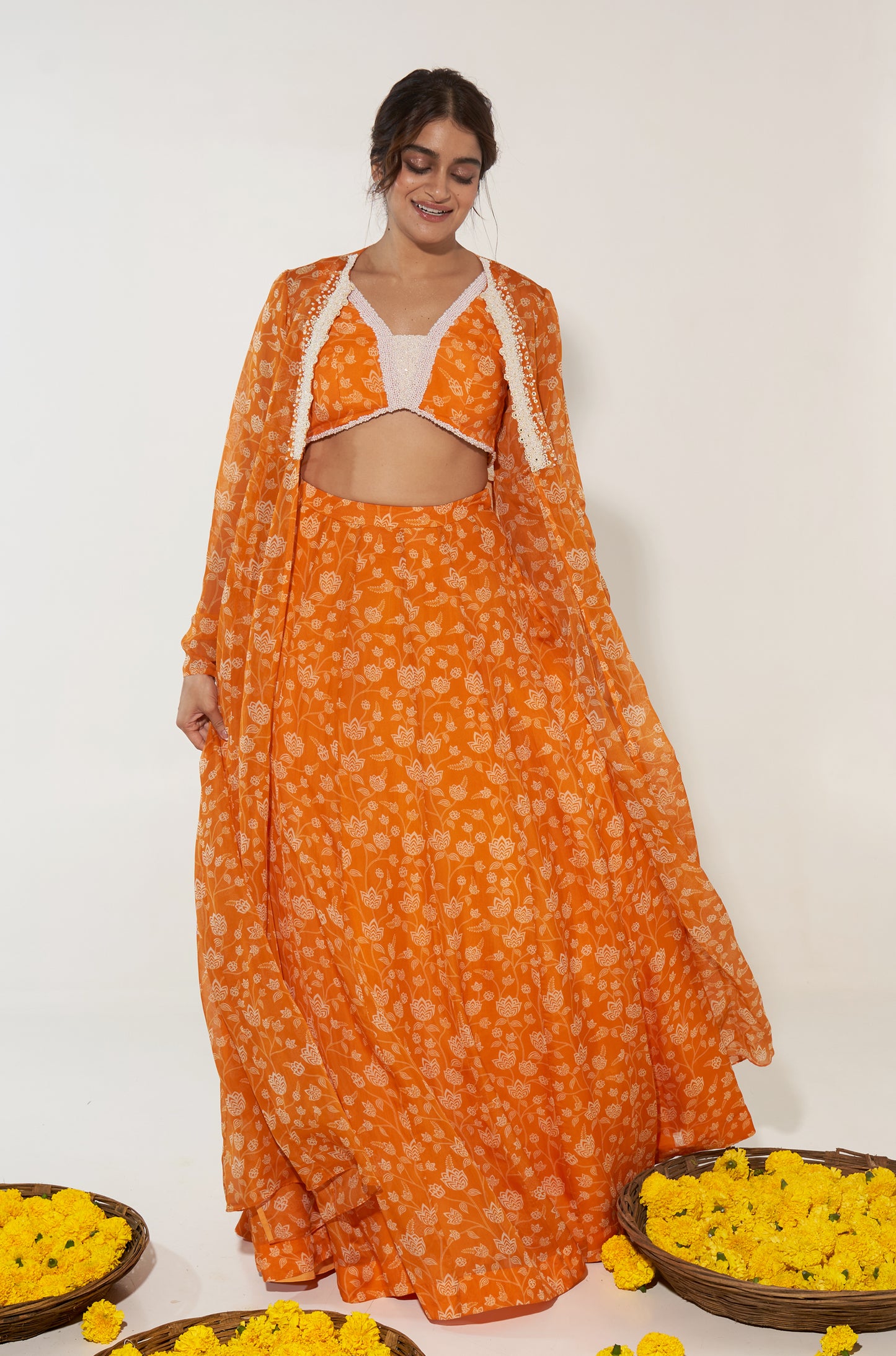 Orange & White Lehenga Set