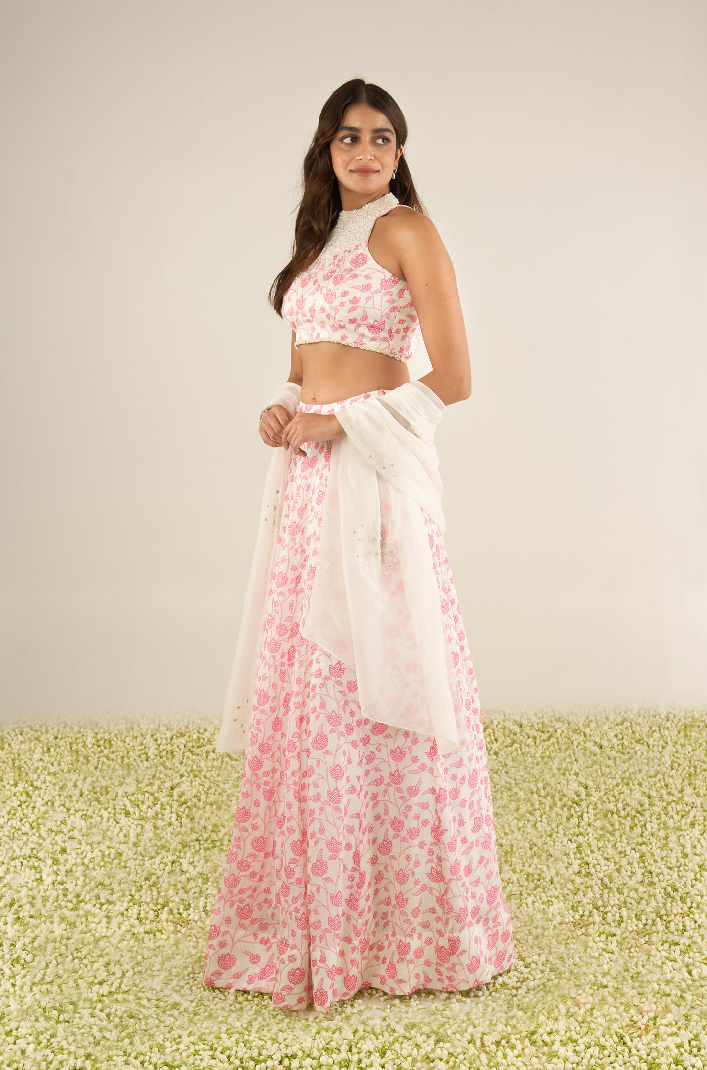 White & Pink Lehenga Set