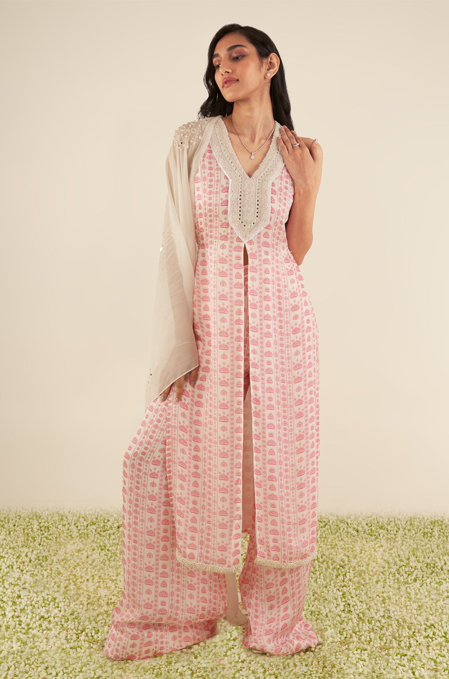 White & Pink Floral Stripes Kurta Set