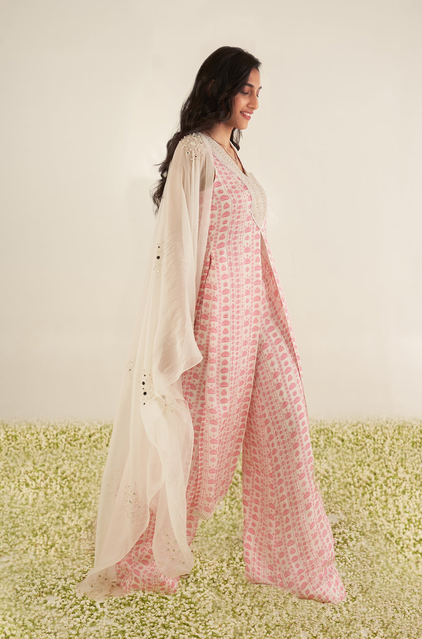 White & Pink Floral Stripes Kurta Set