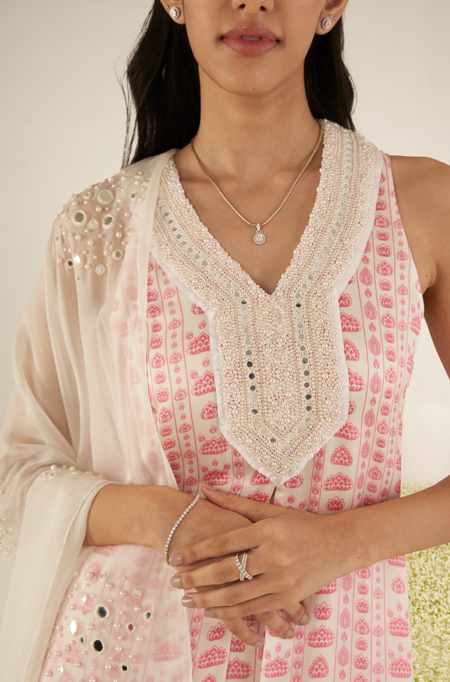 White & Pink Floral Stripes Kurta Set