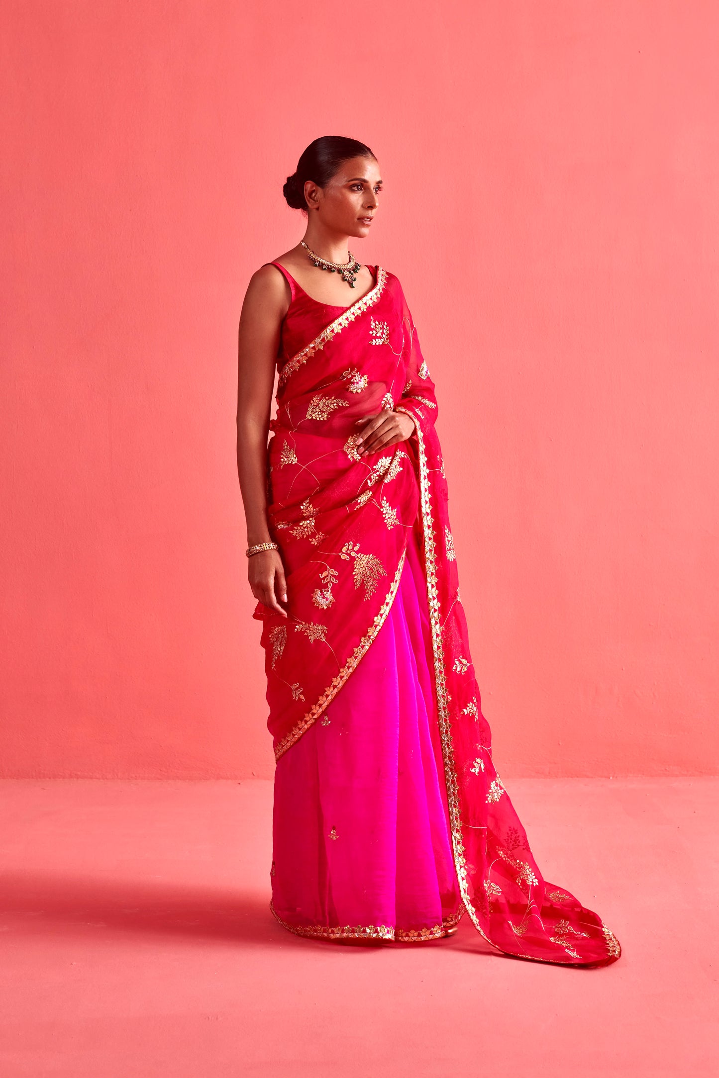 Red and Pink Saree Set