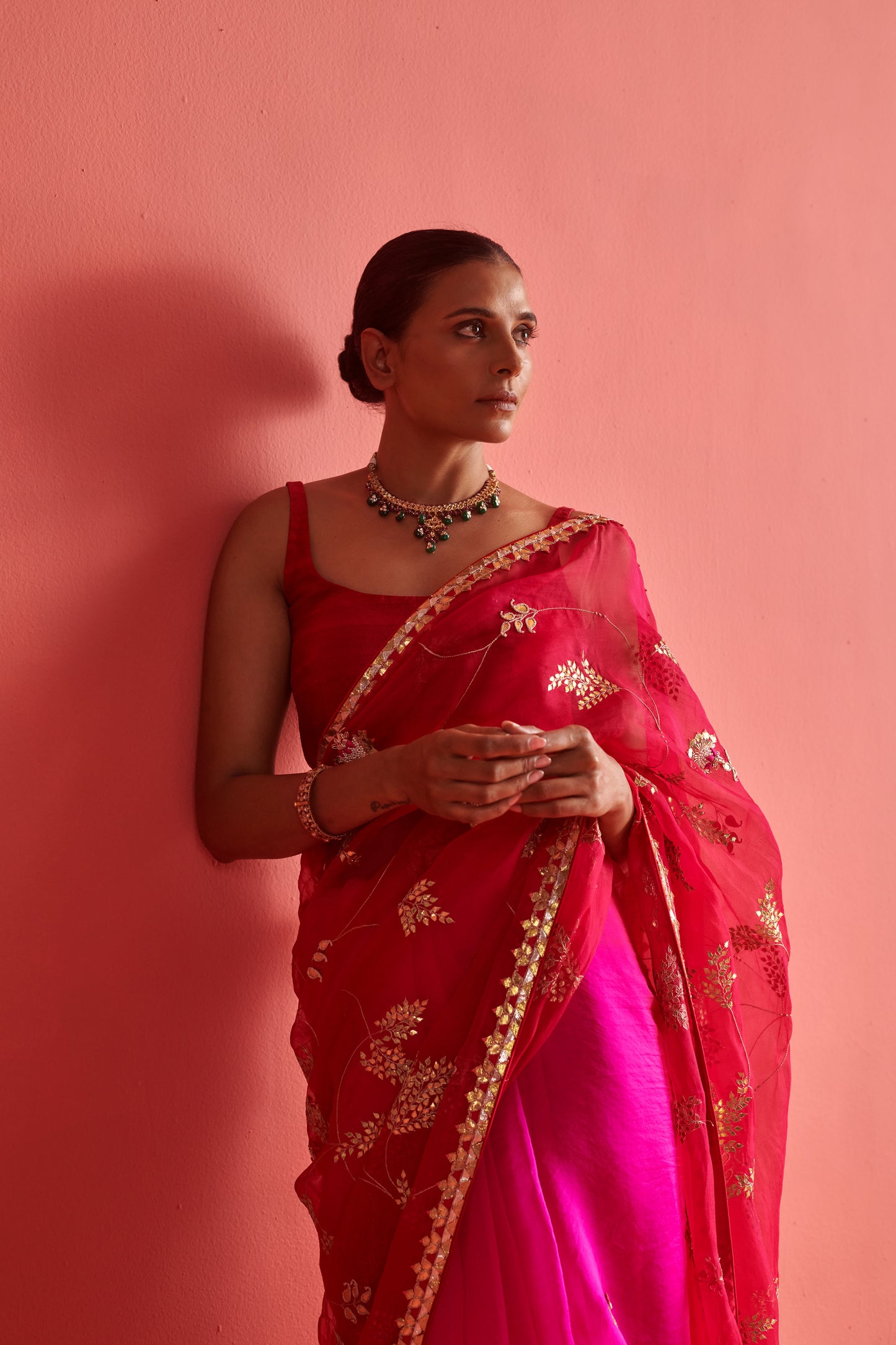 Red and Pink Saree Set