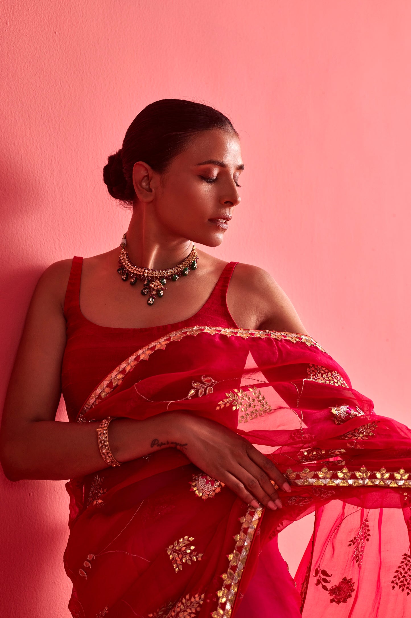 Red and Pink Saree Set