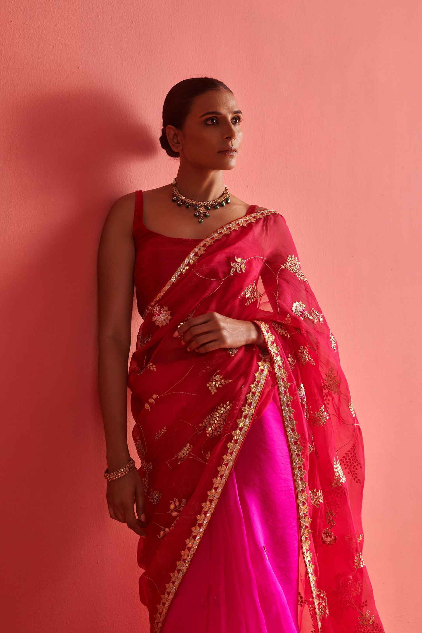 Red and Pink Saree Set